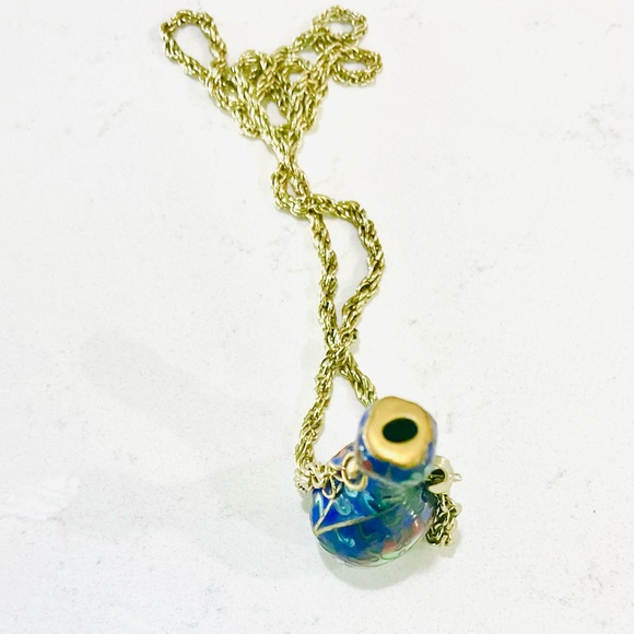 Vintage Designer Cloisonné Enameled Brass Flower Vase/Snuff Bottle Necklace, EUC - Picture 3 of 14